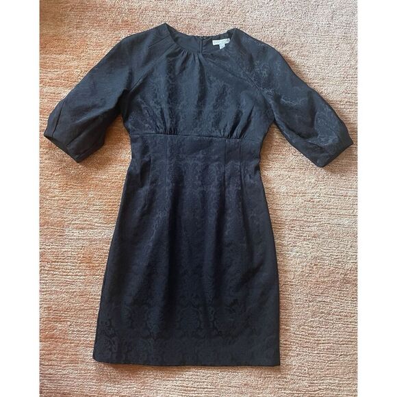 Eva Mendes Damask Black Career Cocktail Sheath Dress Size 4 Puffy Bubble Sleeve - Picture 1 of 9